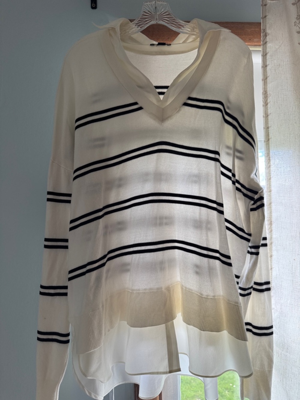 Hilary Radley Cream V-Neck faux button up Sweater with Black Stripes